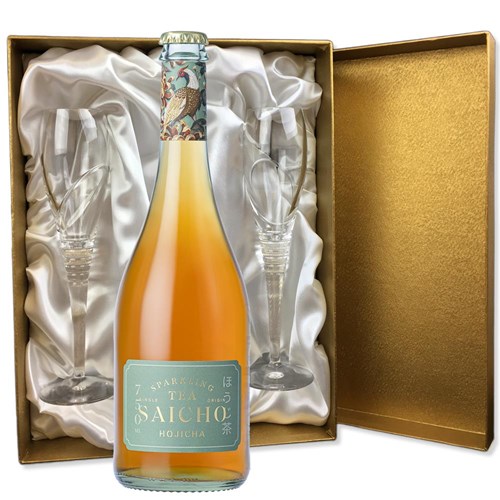 Saicho Hojicha Sparkling Tea 75cl in Gold Luxury Presentation Set With Flutes